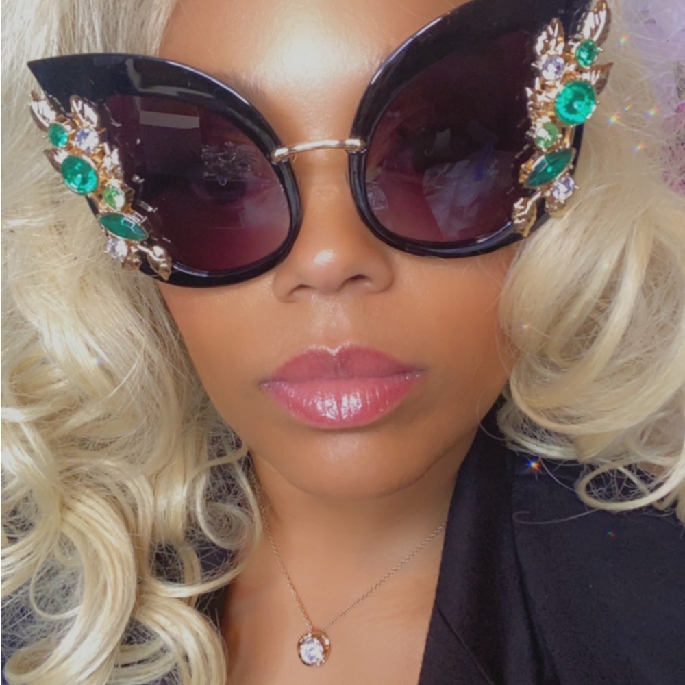 Black cat eye butterfly rhinestone bling embellished sunglasses.